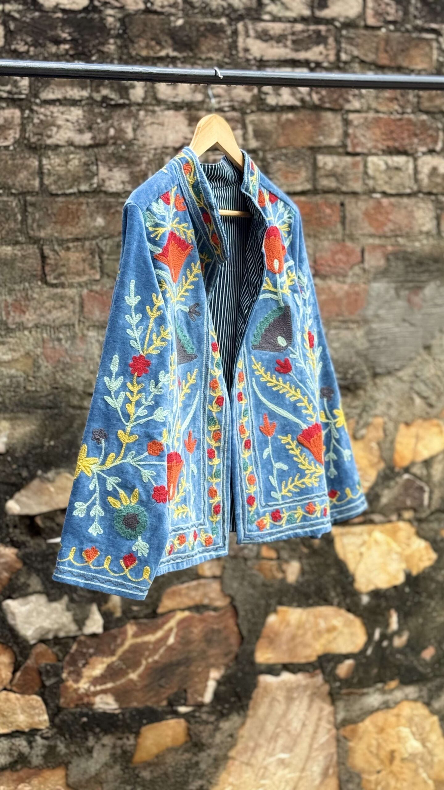 Womens Light Sky Blue Velvet Embroidered Jacket with Floral Design - Image 5