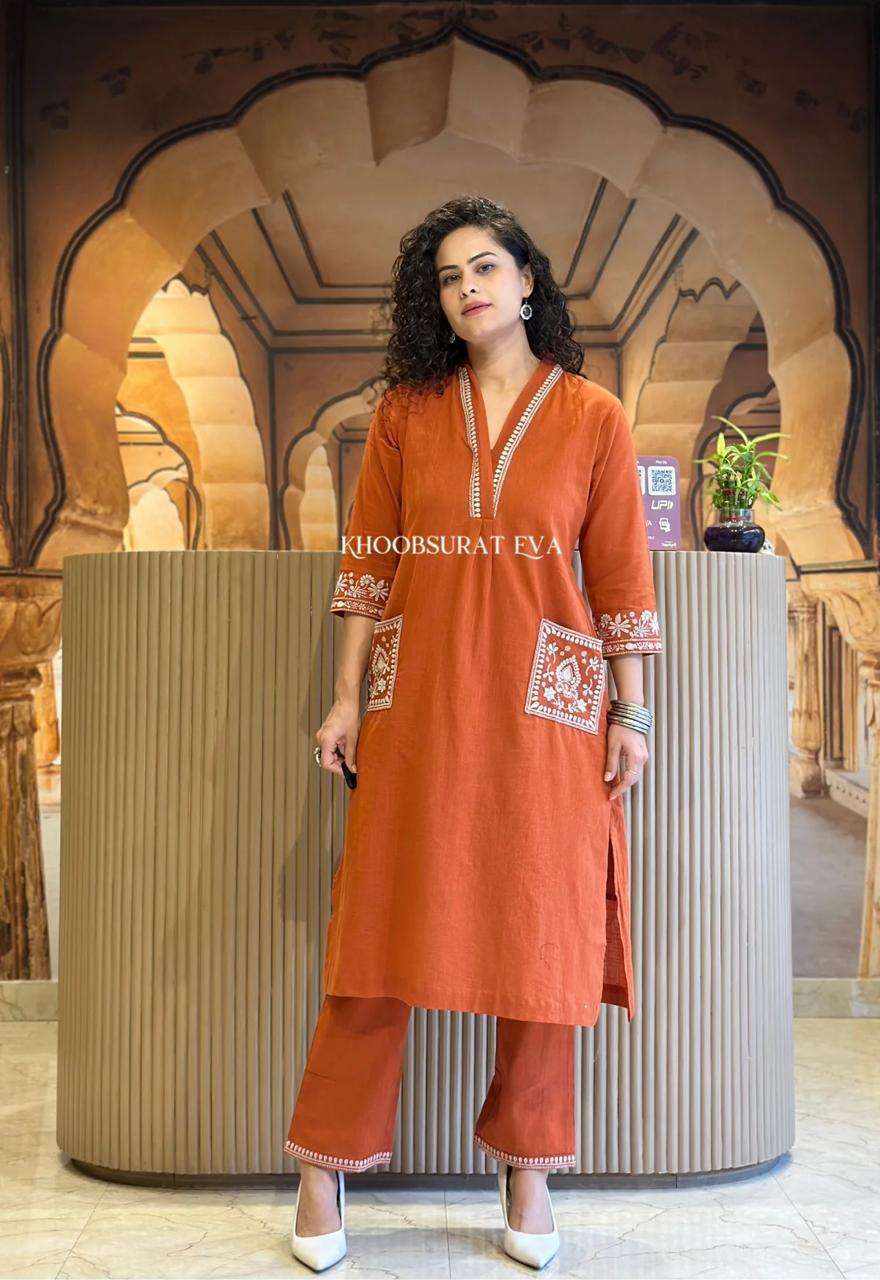 Women's Cotton Embroidery Straight Kurti With Pant Set - Image 2