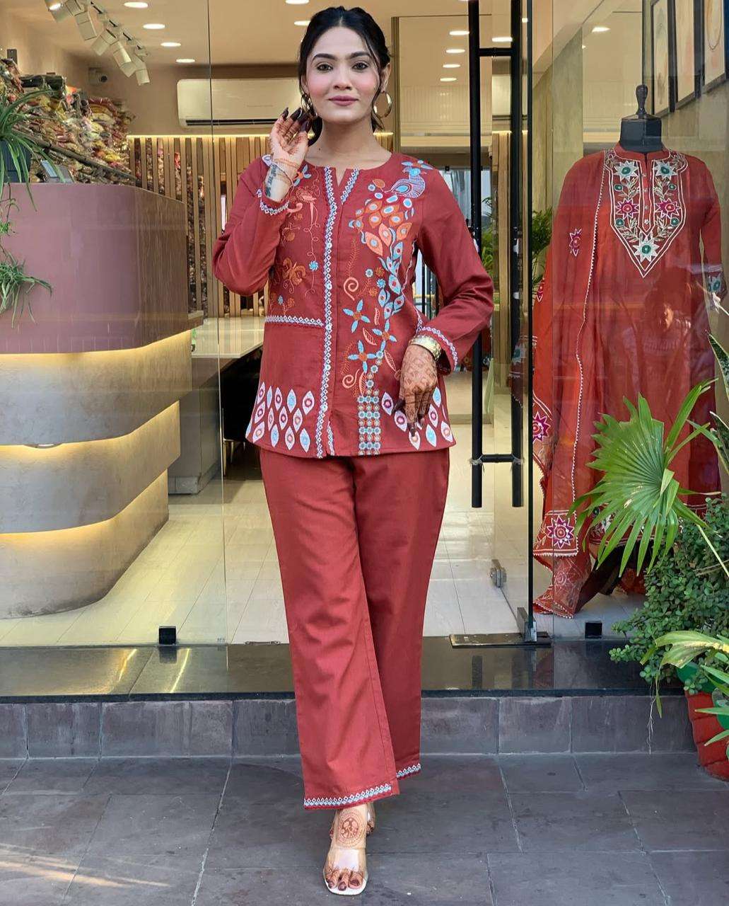 Women's Cotton Embroidery Straight Kurti With Pant Set - Image 3